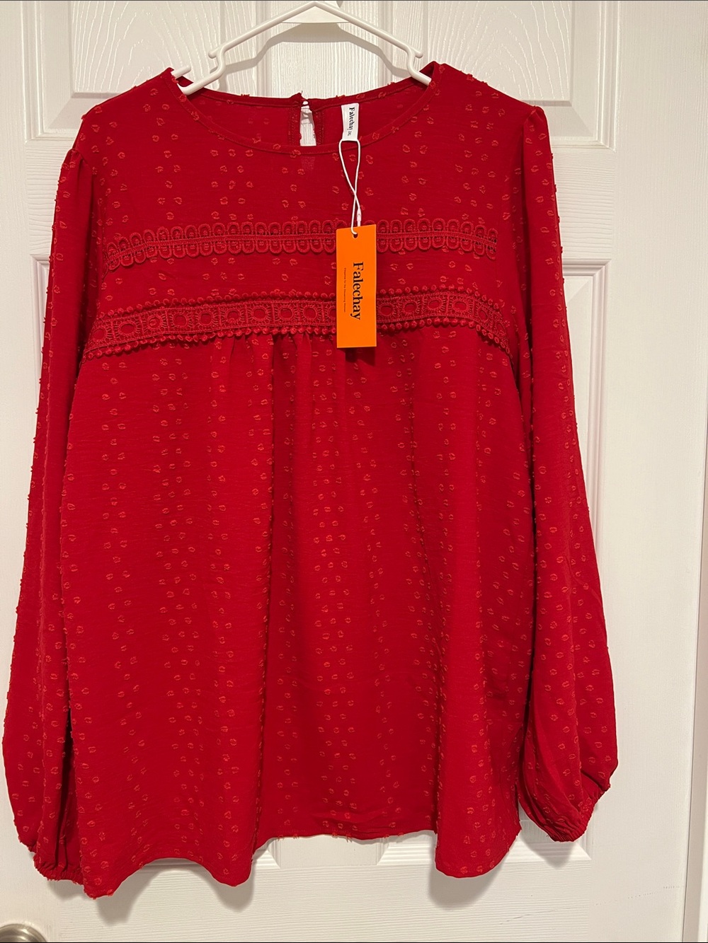 Red Textured Long-Sleeve Peasant Blouse